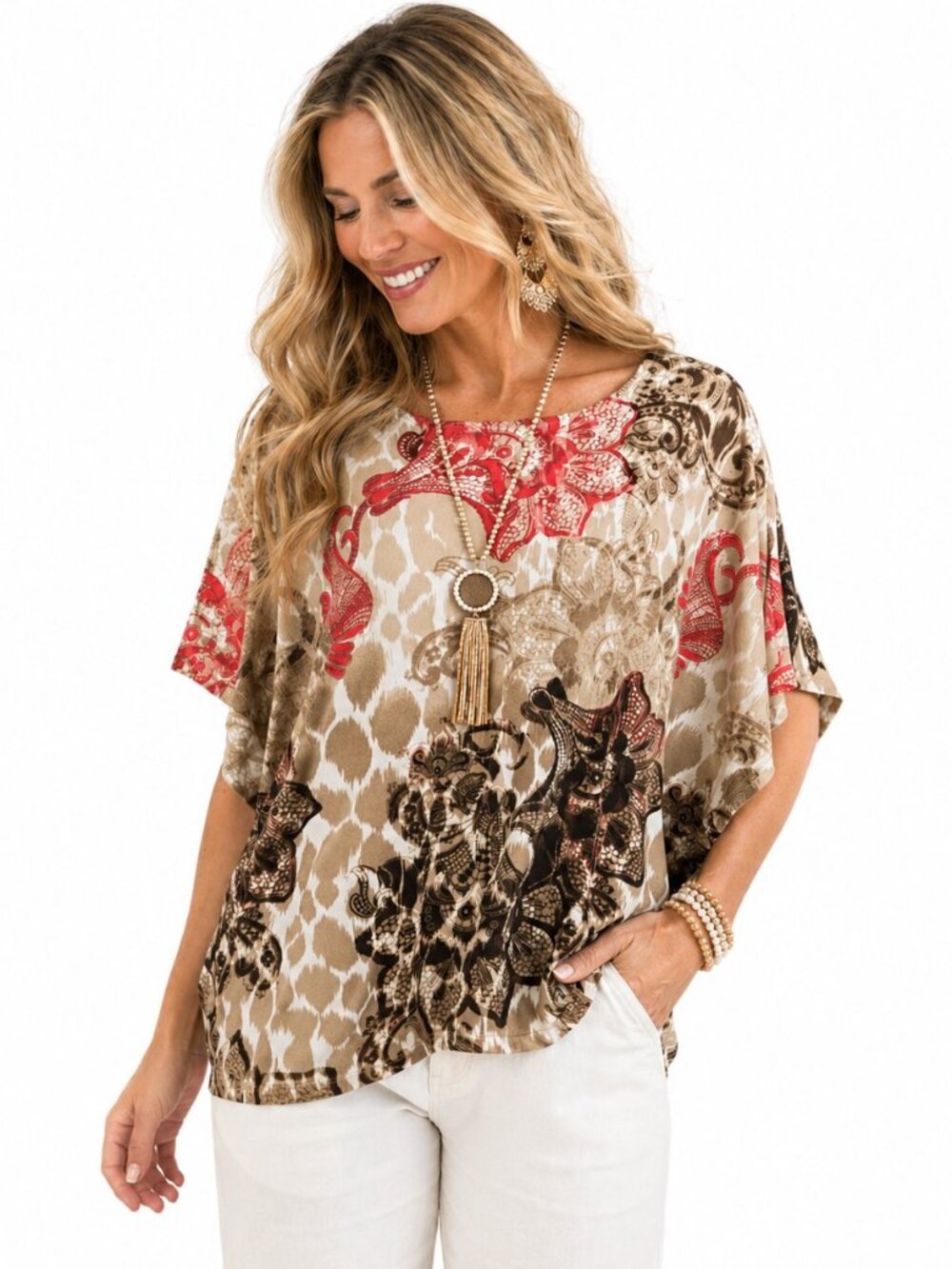 Chico’s Boho Floral Blouse Neutral Tan Coral Print Size 2 L Flowy Chic